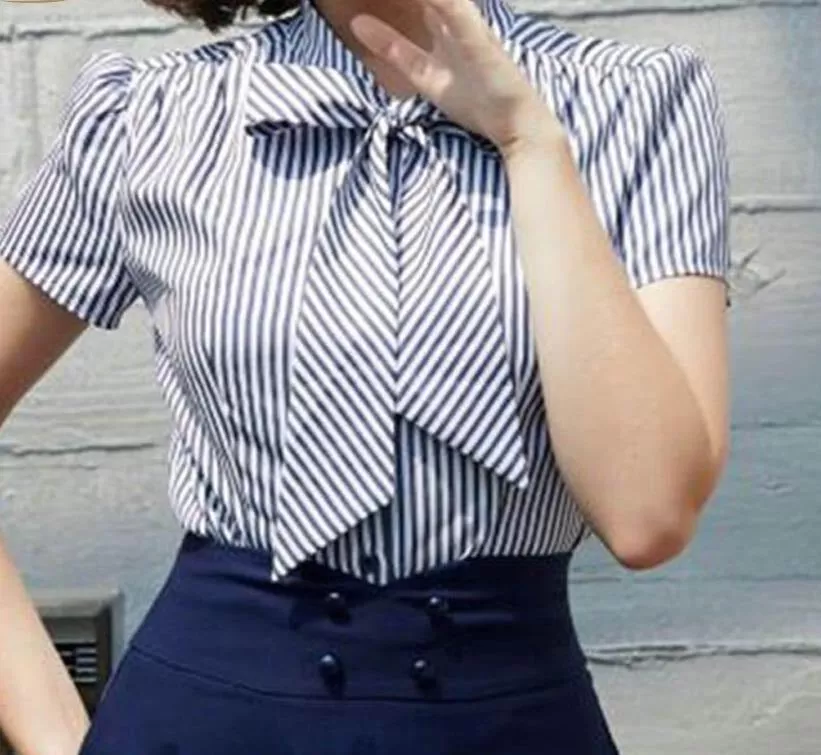 Blouse Lavallière <br> Rayures Bleu Blanc