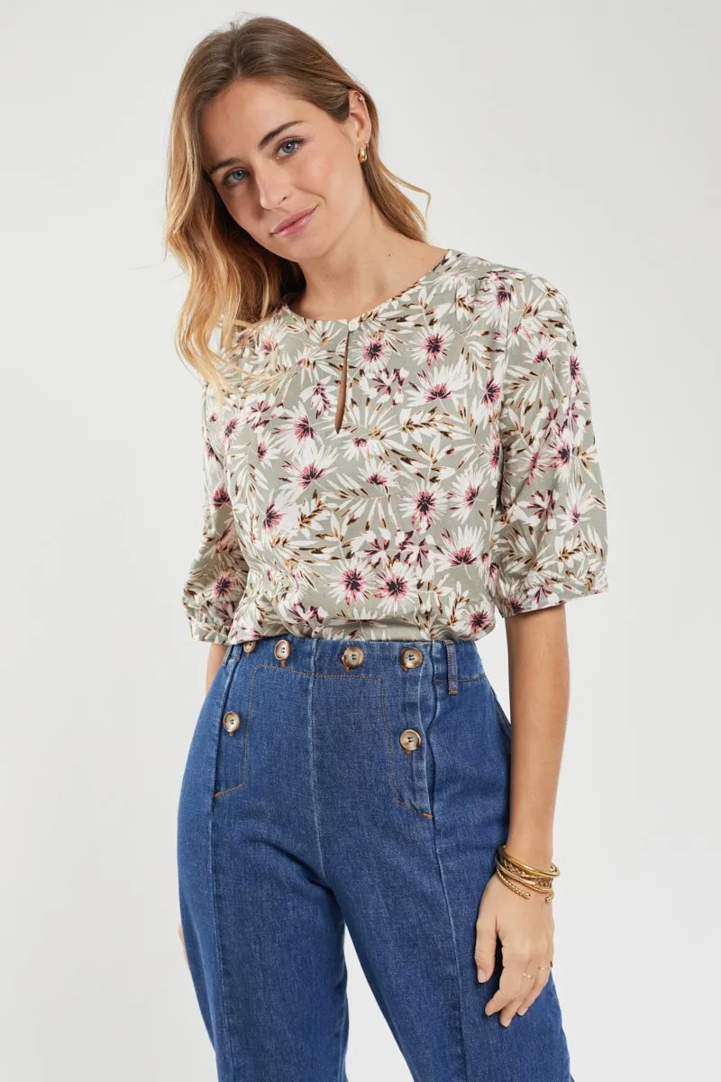 Blouse motifs "fleurs" - lin et coton