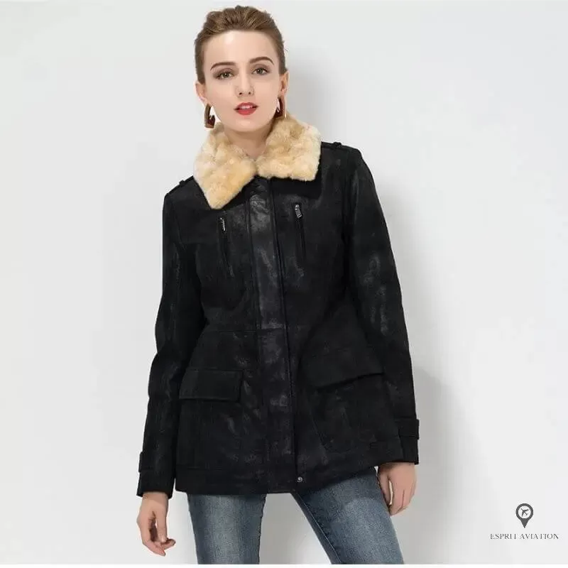 Blouson Aviateur Femme Daim Noir