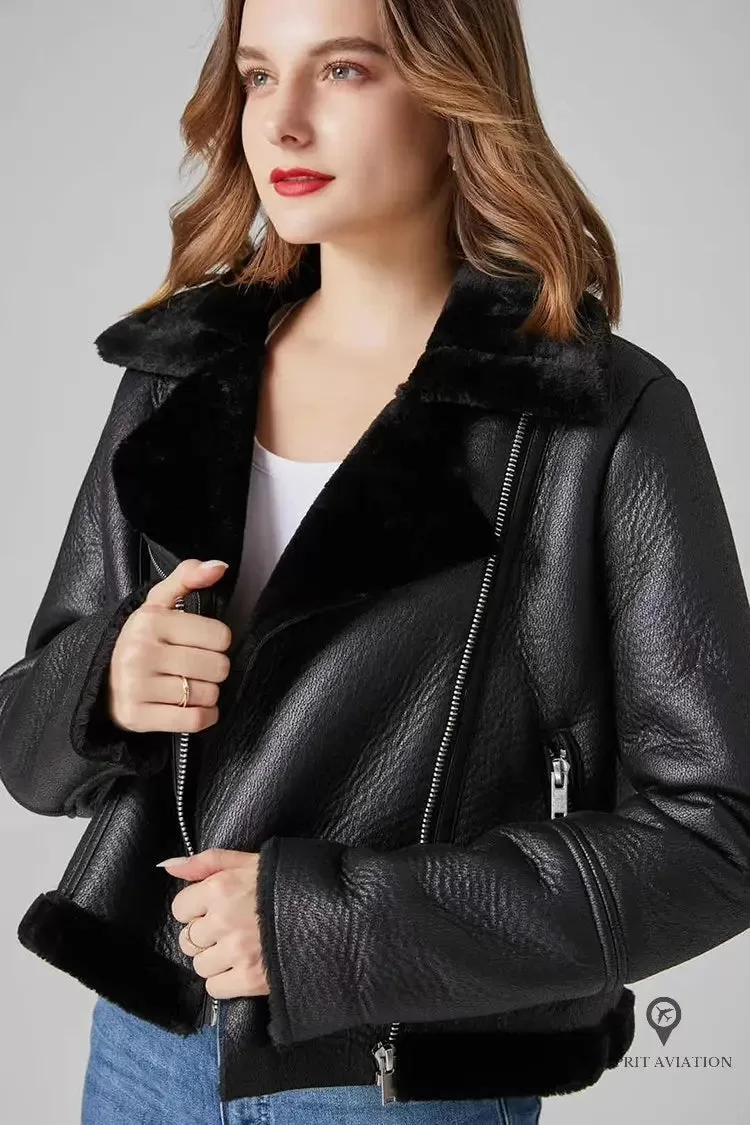 Blouson Aviateur Femme Fausse Fourrure Noir