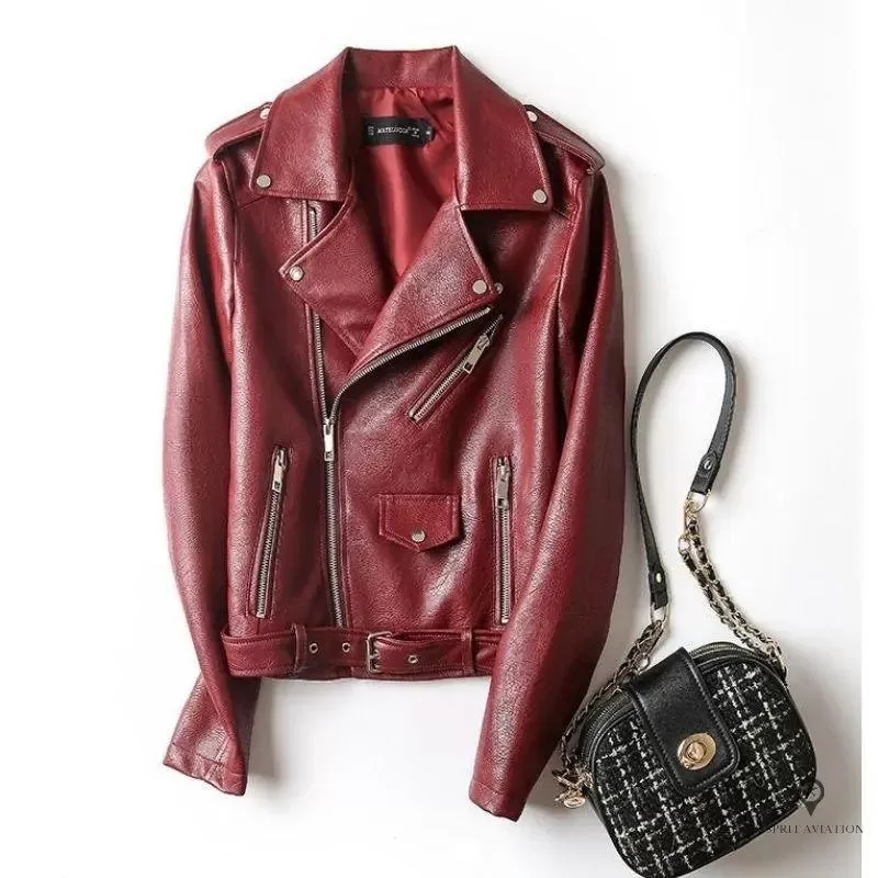 Blouson Aviateur Femme Simili Cuir Fashion Rouge