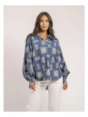 Chemise broderies anglaises FULYA - Bleu