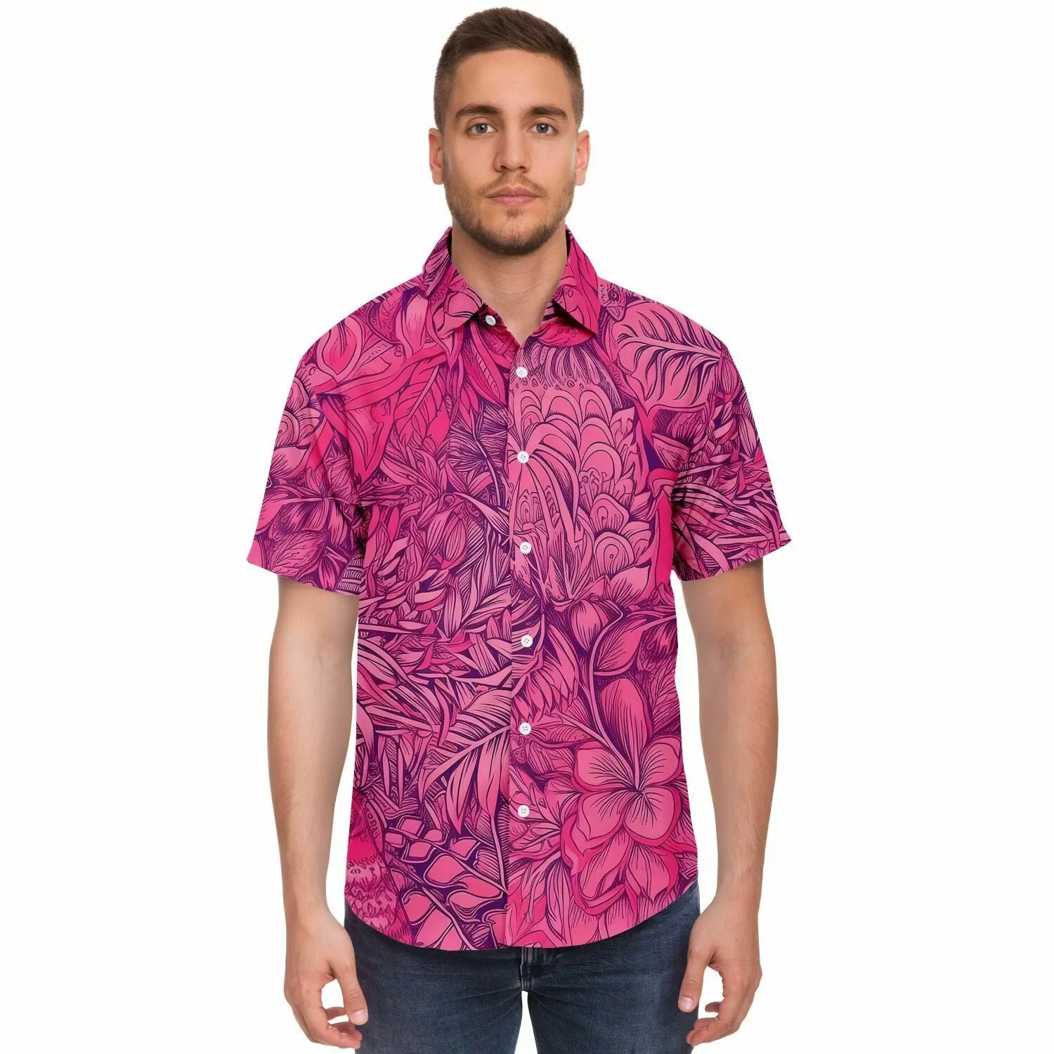 Chemise homme manches courtes - Fleurs roses