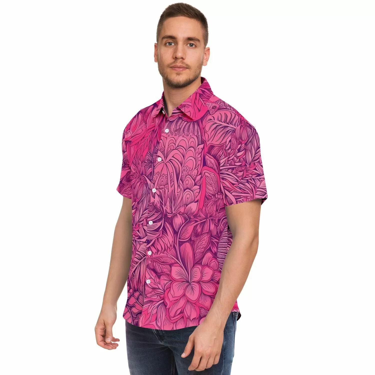 Chemise homme manches courtes - Fleurs roses