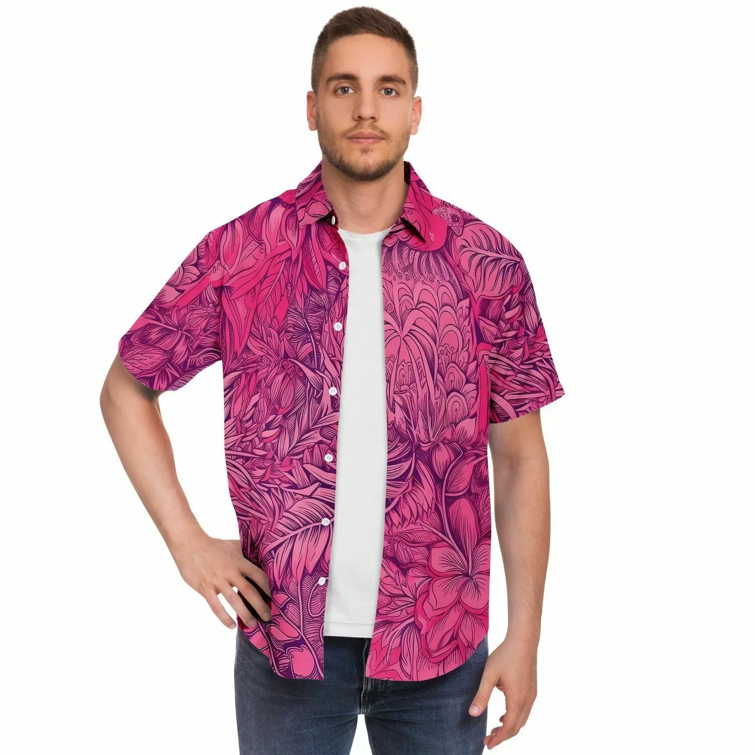 Chemise homme manches courtes - Fleurs roses