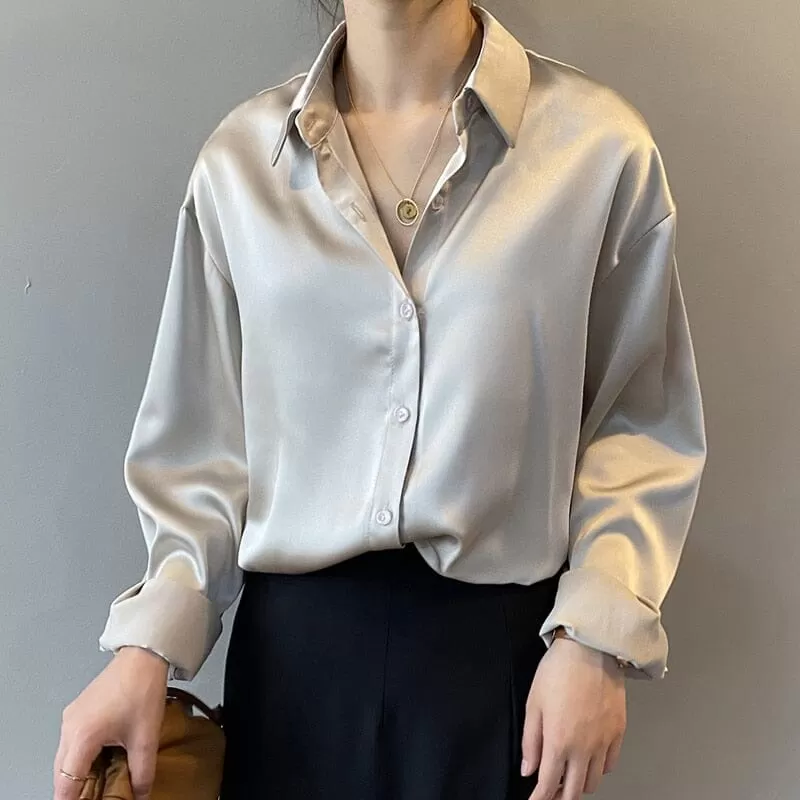 Chemise mode à boutons Up Satin de soie Blouse dame à manches longues