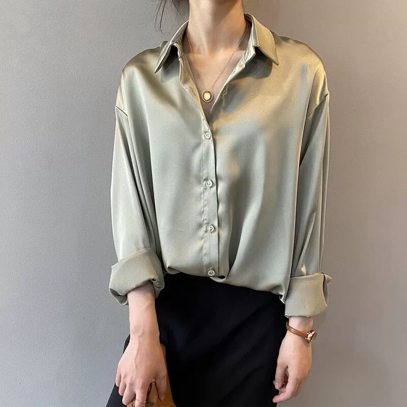 Chemise mode à boutons Up Satin de soie Blouse dame à manches longues