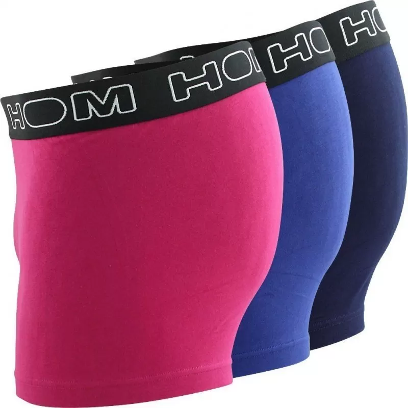 HOM 3 Boxers Homme Coton BOXERLINES Fuchsia Roi Bleu Foncé