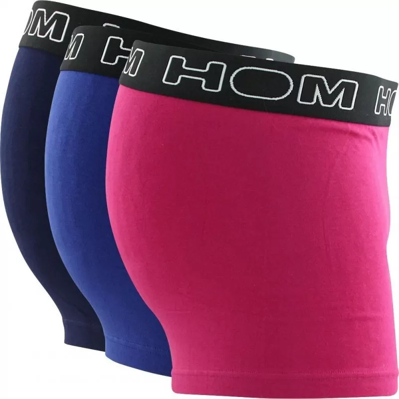 HOM 3 Boxers Homme Coton BOXERLINES Fuchsia Roi Bleu Foncé