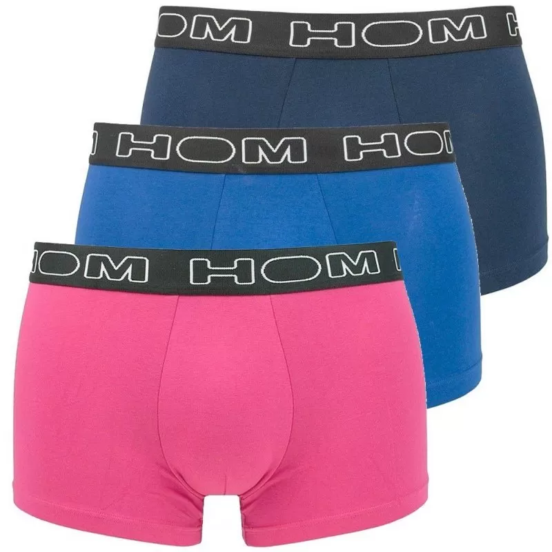 HOM 3 Boxers Homme Coton BOXERLINES Fuchsia Roi Bleu Foncé