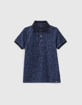 Polo indigo bio à motif léopard garçon 