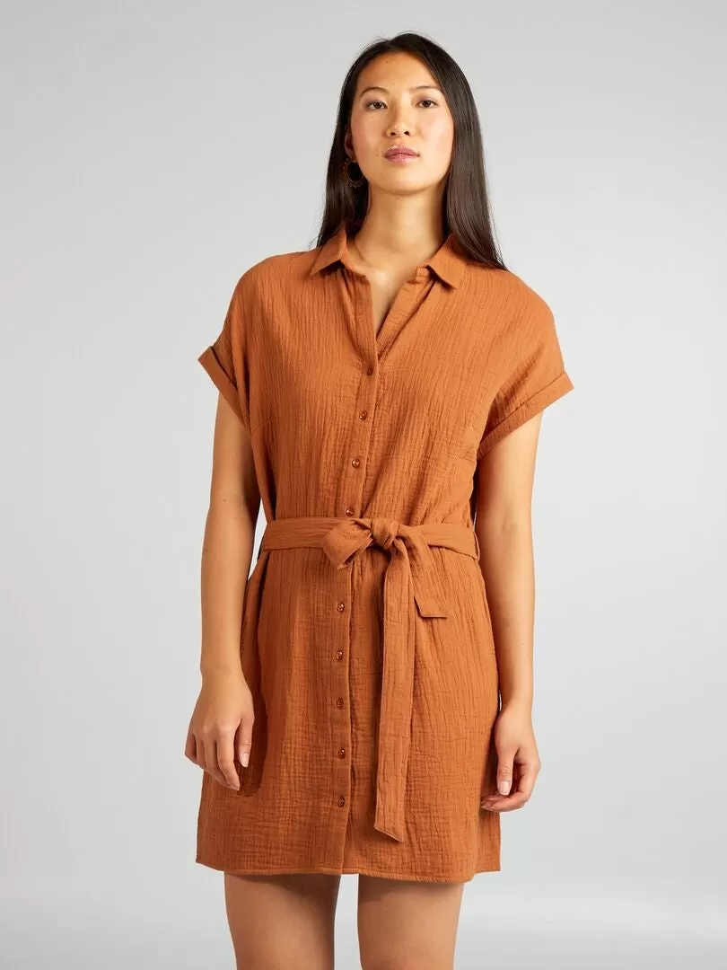 Robe courte forme chemise en double gaze de coton - Marron