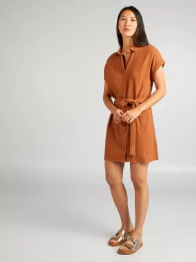 Robe courte forme chemise en double gaze de coton - Marron