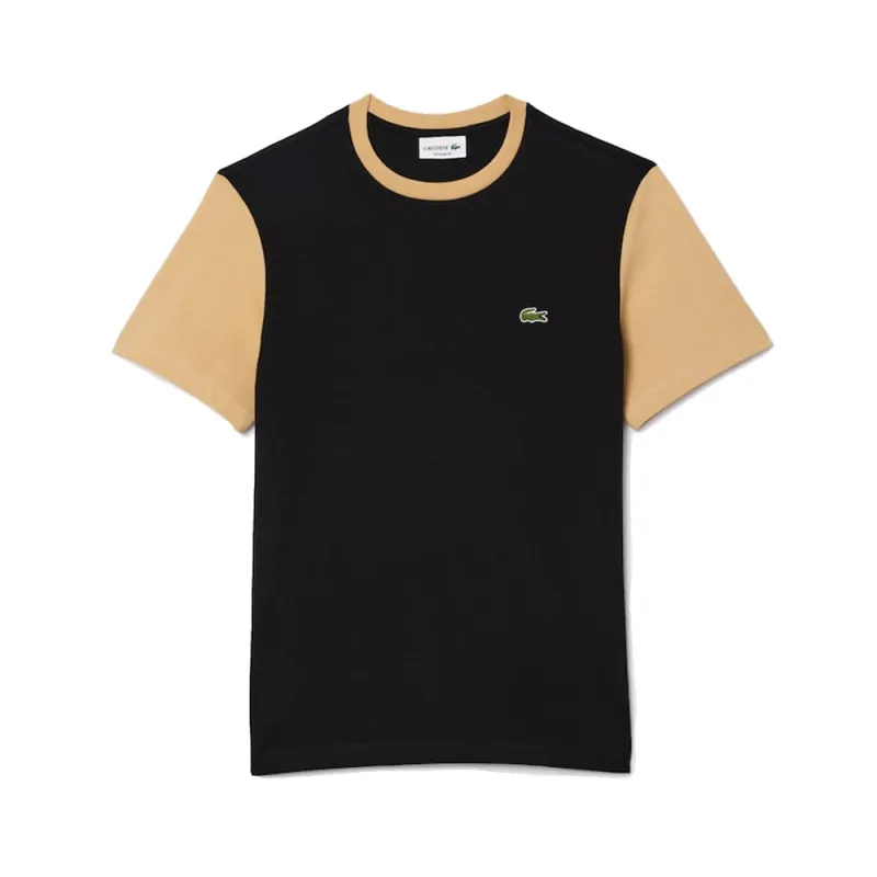 T-SHIRT LACOSTE COLOR BLOCK REGULAR FIT EN COTON NOIR ET BEIGE