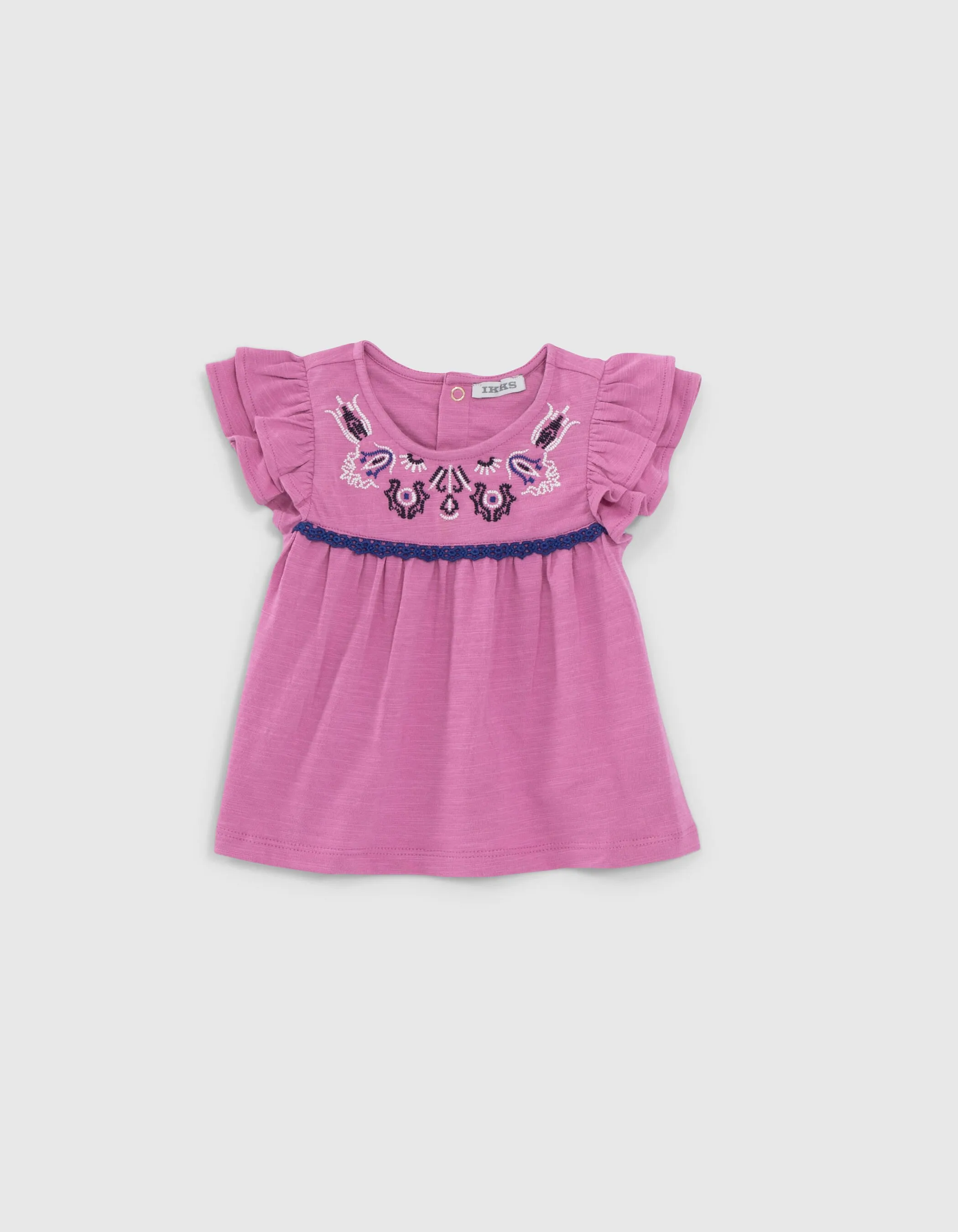 T-shirt mauve coton bio broderies ethniques bébé fille