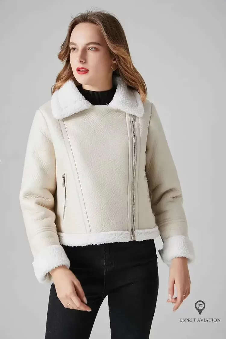 veste aviateur femme fausse fourrure blanche