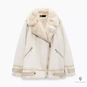 Veste Aviateur Femme Simili Cuir Beige et Blanche