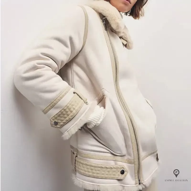 Veste Aviateur Femme Simili Cuir Beige et Blanche