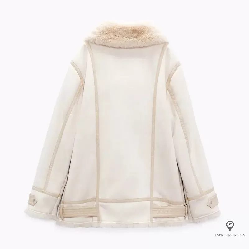 Veste Aviateur Femme Simili Cuir Beige et Blanche