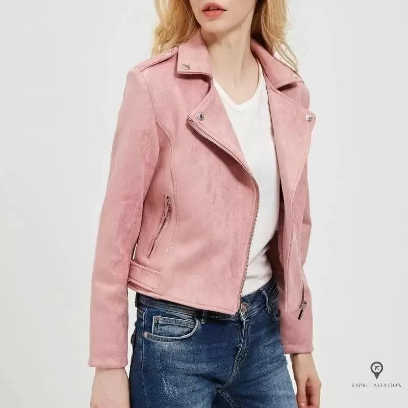 Veste aviateur perfecto en cuir daim rose