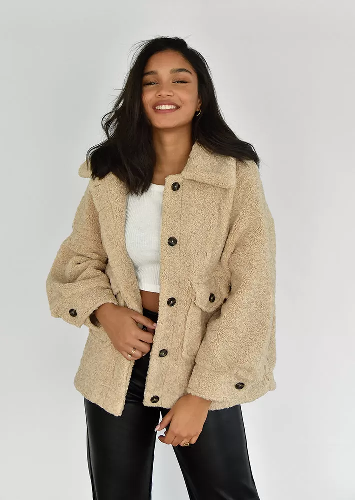 Veste oversize effet peau de mouton beige